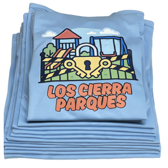 Ejemplo de camisetas de fiesta, de color Celeste, de la cuadrilla Los Cierra Parques