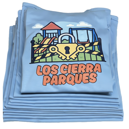 Ejemplo de camisetas de fiesta, de color Celeste, de la cuadrilla Los Cierra Parques